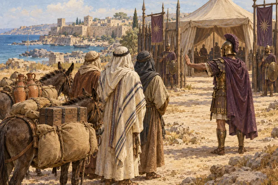 המחשה אמנותית של אנשי שמעון עם בהמות משא ואספקה מול קצין המסמן עצירה בכניסה למחנה הסלווקי ליד דור
