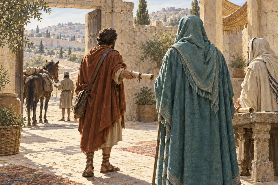 המחשה אמנותית של שליח מלכותי המוסר איגרת לשמעון החשמונאי בחצר בירושלים; שמעון בגלימה ובכיסוי ראש מלא נראה מאחור