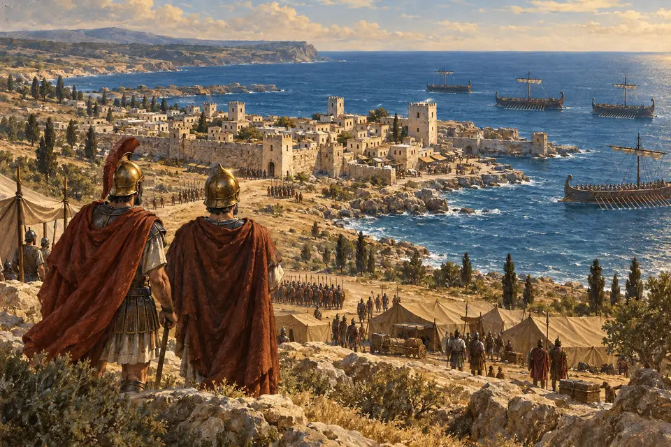 המחשה אמנותית של המצור על דור: מחנה צבא מול חומות עיר החוף ואוניות מלחמה בים; המפקדים בקדמת התמונה נראים מאחור
