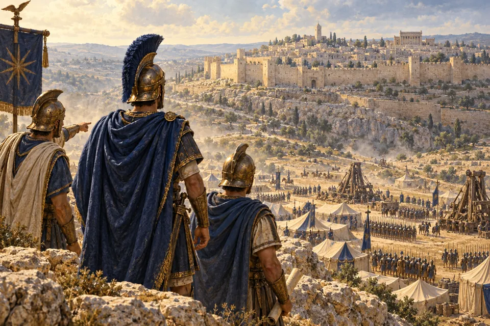 המחשה אמנותית של אנטיוכוס השביעי ומפקדיו משקיפים על מחנה מצור מול חומות ירושלים