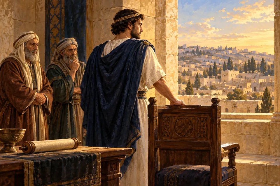 המחשה אמנותית של אריסטובולוס הראשון בחצר החשמונאית בירושלים, בראשית מאבק הירושה