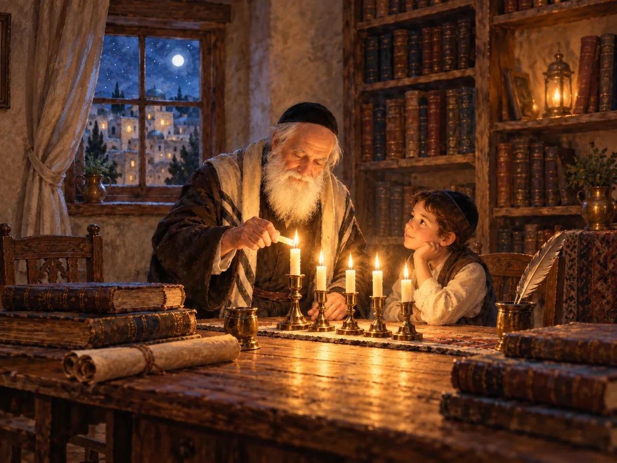 חכם ותלמיד מדליקים נרות בחדר לימוד