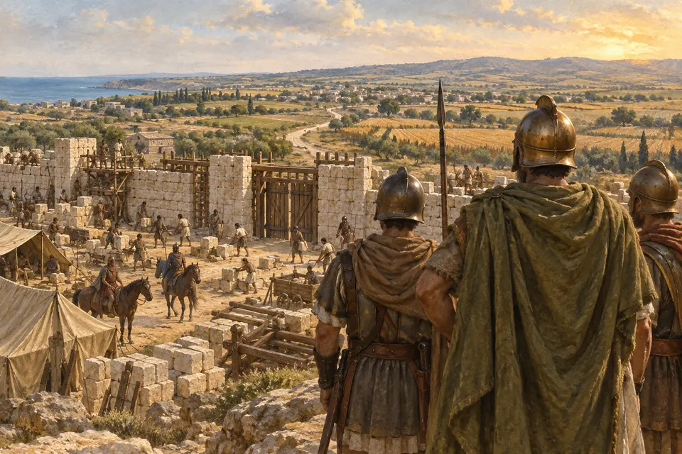 המחשה אמנותית של קנדביוס ואנשיו משקיפים על בניית עמדה מבוצרת באזור החוף, עם חיילים ופרשים; הדמויות המרכזיות נראות מאחור
