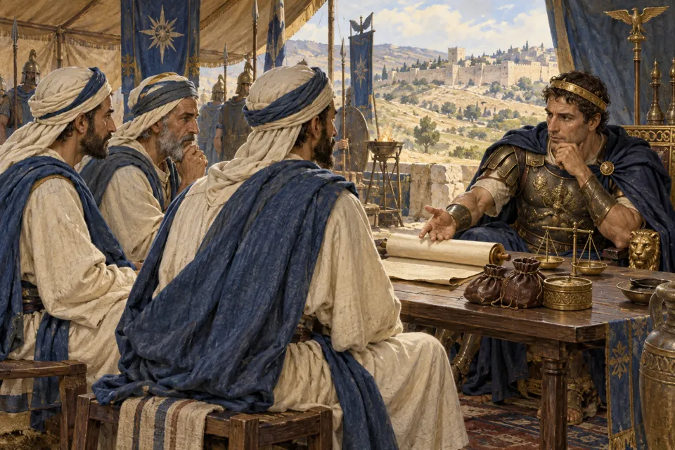 המחשה אמנותית של משלחת יהודה במשא ומתן עם אנטיוכוס השביעי במחנהו