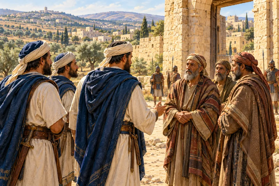 המחשה אמנותית של יוחנן הורקנוס ואנשיו מול נציגים מקומיים באדומיאה