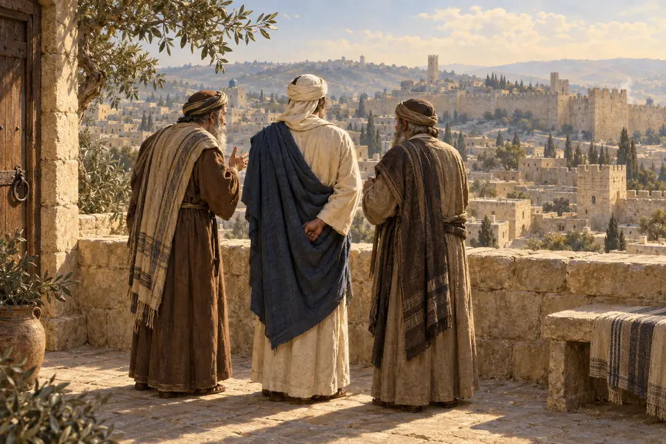 המחשה אמנותית של יוחנן הורקנוס עם שני אנשי הנהגה, משקיפים על ירושלים במבט מאחור, בגווני כחול וזהב