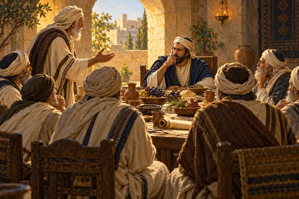המחשה אמנותית של יוחנן הורקנוס בשיחה מתוחה עם חכמים סביב שולחן סעודה