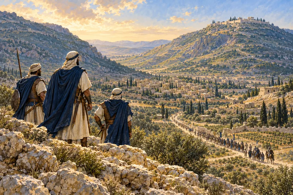 המחשה אמנותית של יוחנן הורקנוס ואנשיו משקיפים לעבר שכם והר גריזים