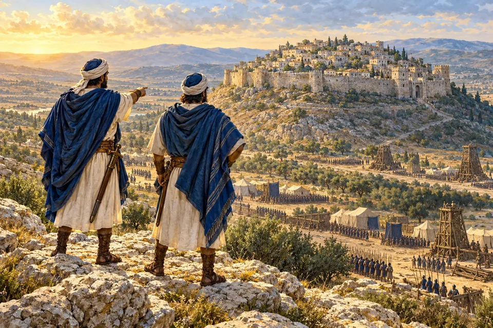 המחשה אמנותית של שני בני יוחנן הורקנוס משקיפים על המצור סביב העיר שומרון