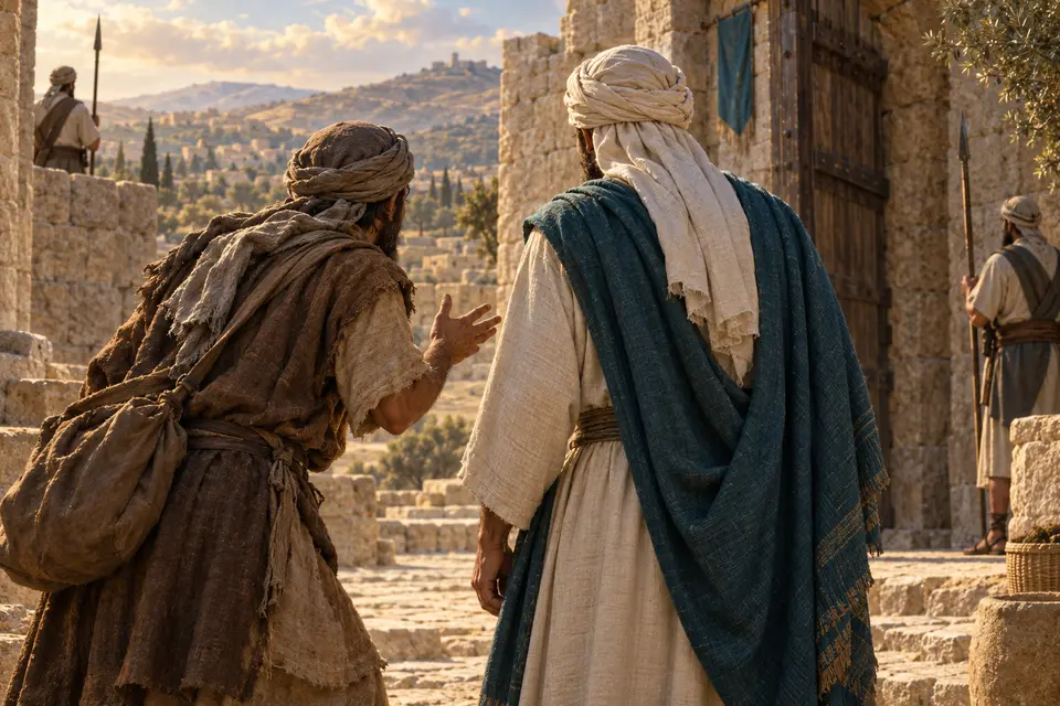 המחשה אמנותית של פליט המזהיר את יוחנן בן שמעון בגזר; שתי הדמויות נראות מאחור בחצר אבן, באור חם ובגווני טורקיז