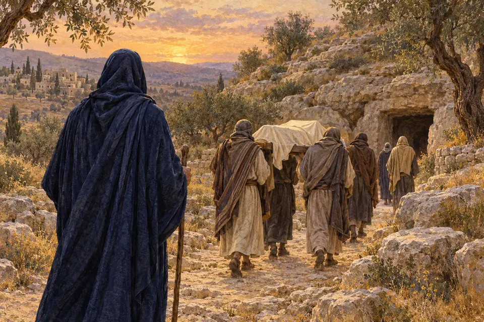 המחשה אמנותית של הבאת יונתן לקבורה במודיעין; שמעון והמלווים נראים מאחור, בין גבעות ועצי זית