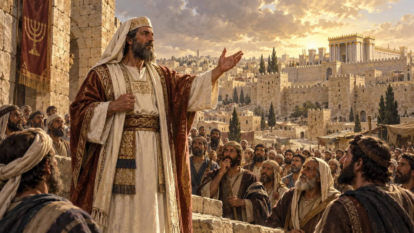שמעון החשמונאי עומד בפני העם בירושלים וקורא להם להתחזק