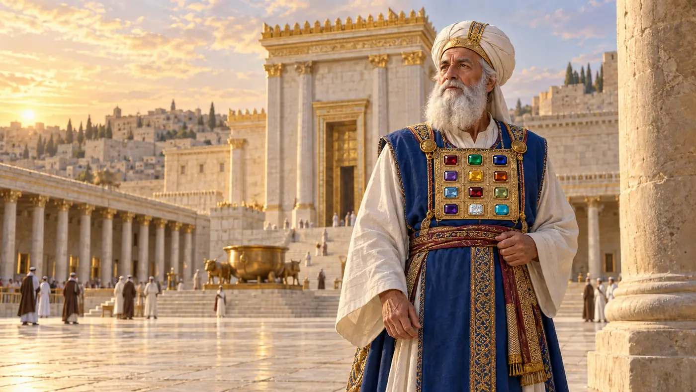 המחשה אמנותית של שמעון הצדיק בבגדי הכהן הגדול בחצר בית המקדש השני