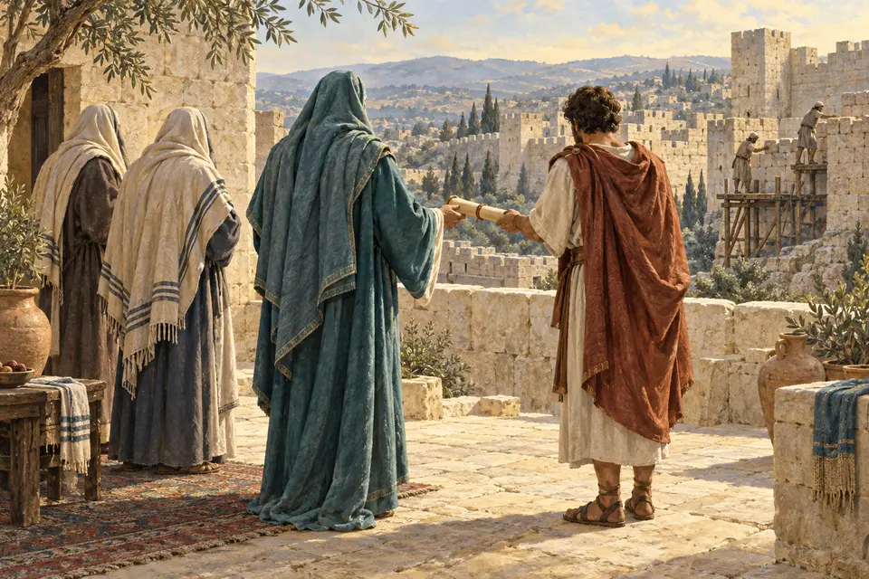המחשה אמנותית של שמעון החשמונאי מקבל איגרת מלכותית, לצד זקנים ובניית חומות; הדמויות המרכזיות נראות מאחור