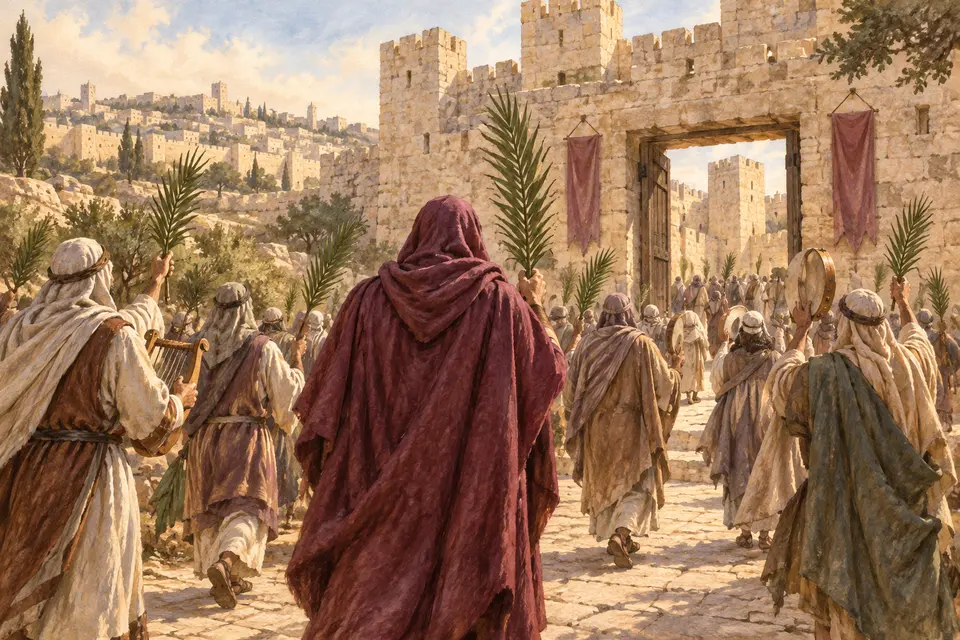 המחשה אמנותית של שמעון ואנשיו נכנסים למצודה בירושלים עם כפות תמרים וכלי נגינה; הדמויות המרכזיות נראות מאחור