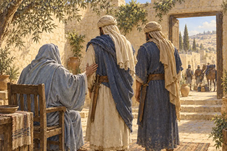 המחשה אמנותית של שמעון הזקן עם בניו יוחנן ויהודה לפני היציאה למערכה; הדמויות נראות מאחור בחצר אבן, בגווני תכלת וזהב