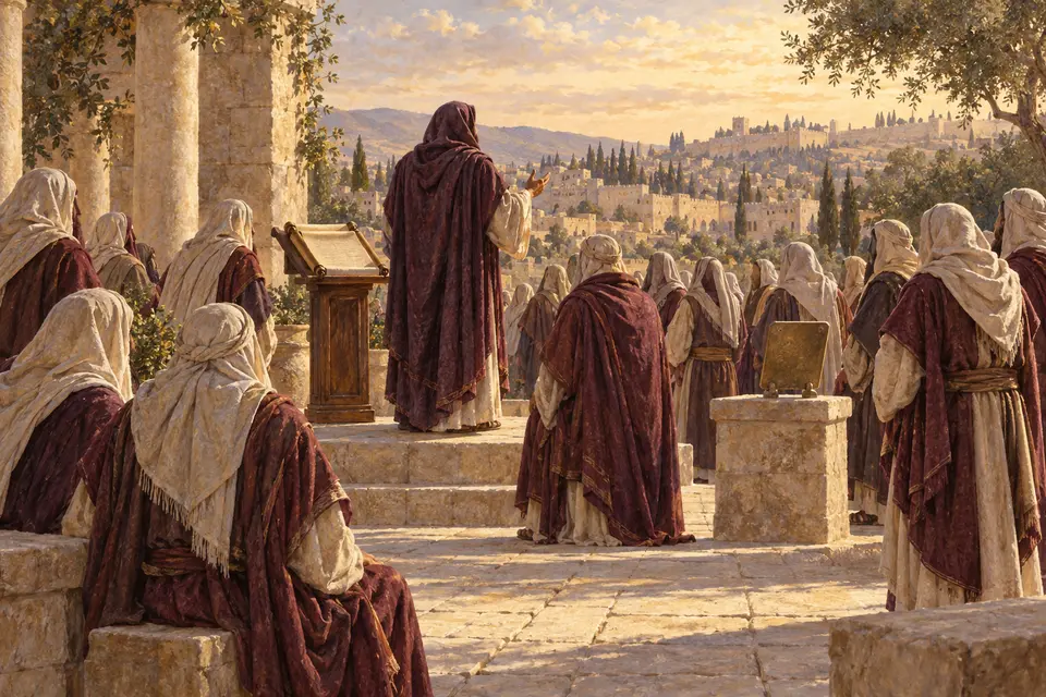 המחשה אמנותית של שמעון החשמונאי באספה בירושלים, מול כהנים וזקנים; הדמויות המרכזיות נראות מאחור ולצדן לוח מתכת ומגילה