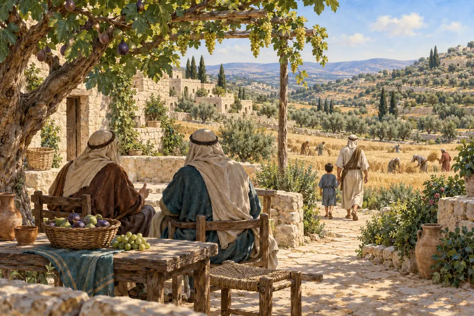 המחשה אמנותית של חיי שלווה בכפר ביהודה: זקנים בצל גפן ותאנה, אב וילד בדרך לשדות ועובדים בקציר; הדמויות המרכזיות נראות מאחור