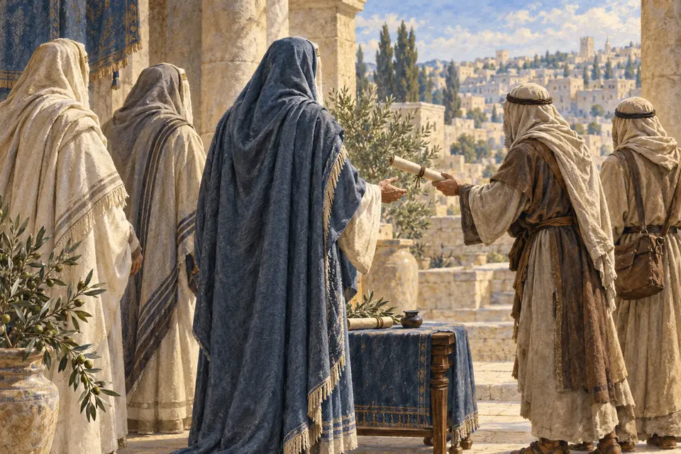 המחשה אמנותית של שמעון וזקני העם מקבלים איגרת משליח יהודי בירושלים; הדמויות המרכזיות נראות מאחור