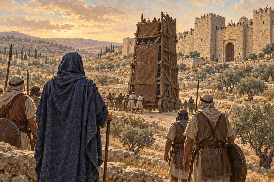 המחשה אמנותית של שמעון החשמונאי ואנשיו מול חומות גזר, כאשר מגדל מצור מעץ מתקדם לעבר העיר; הדמויות המרכזיות נראות מאחור