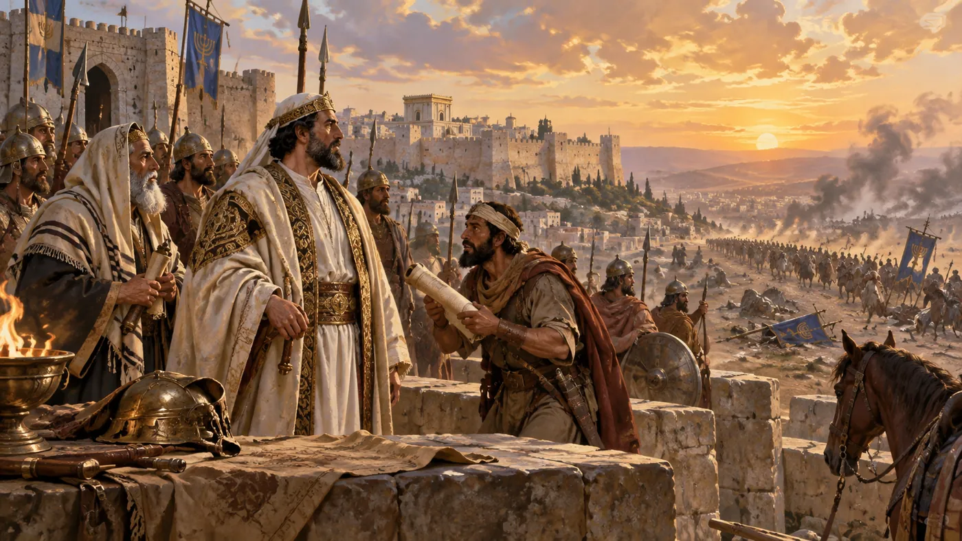 המחשה אמנותית: יוחנן הורקנוס ואנשיו נועצים בשעת שקיעה, על רקע ירושלים וכוחות צבא הנעים במרחק