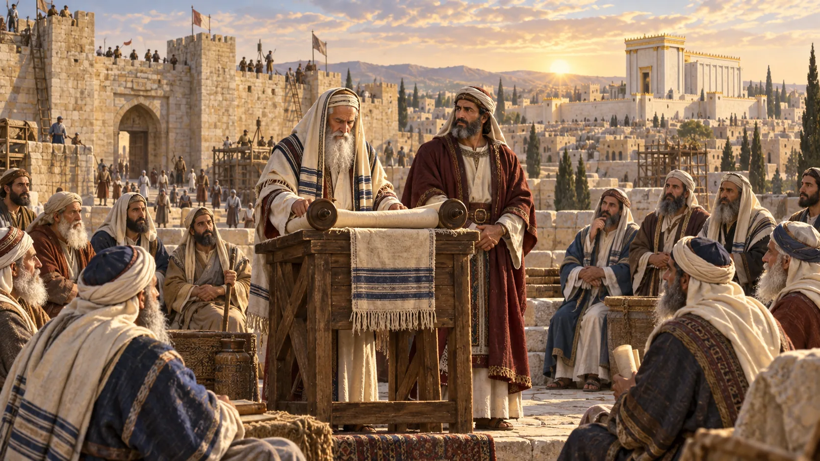 המחשה אמנותית של עזרא, נחמיה וחכמי כנסת הגדולה בירושלים המשוקמת, כולם בכיסוי ראש מלא