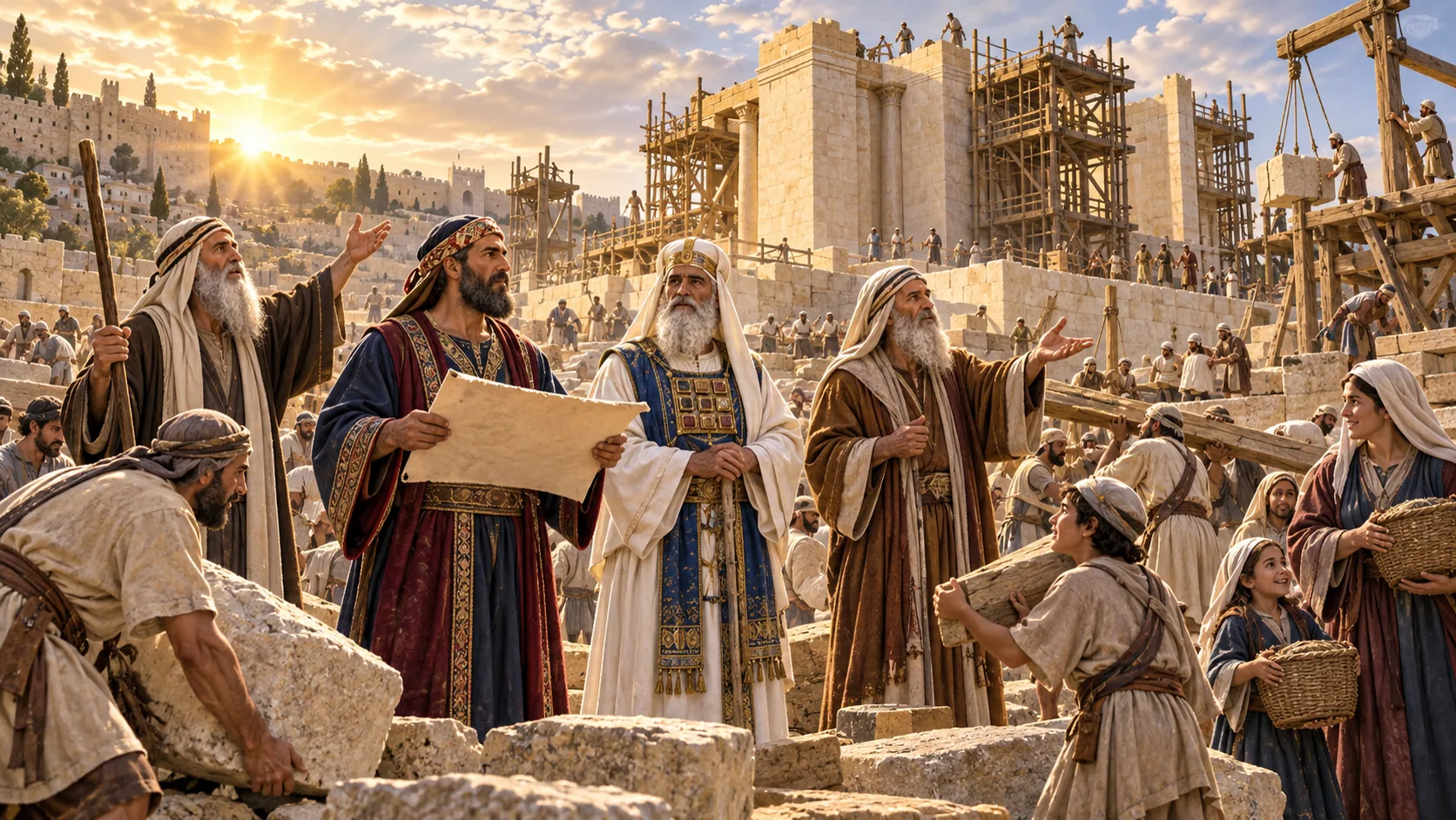המחשה אמנותית של זרובבל וישוע הכהן עם חגי וזכריה בעת בניית בית המקדש השני בירושלים