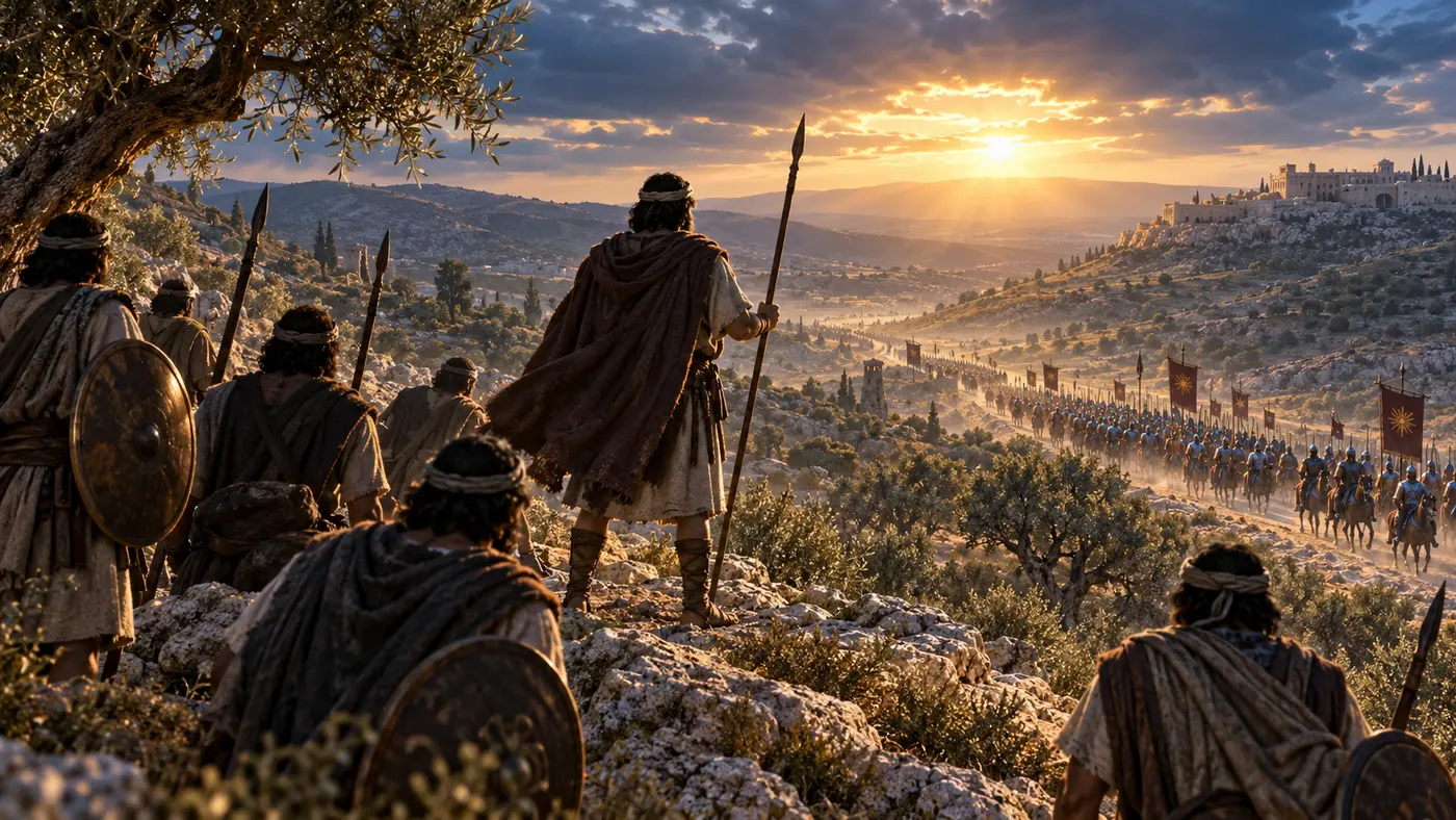 המחשה אמנותית של יהודה המקבי מוביל את לוחמי החשמונאים בהרי יהודה