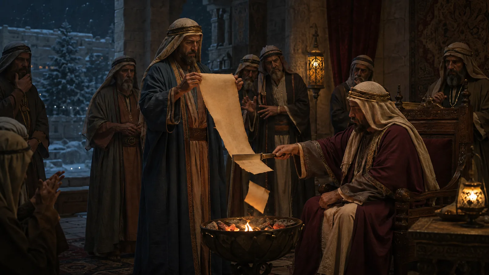 המחשה אמנותית: יהויקים חותך את מגילת ירמיהו ומשליך אותה לאש