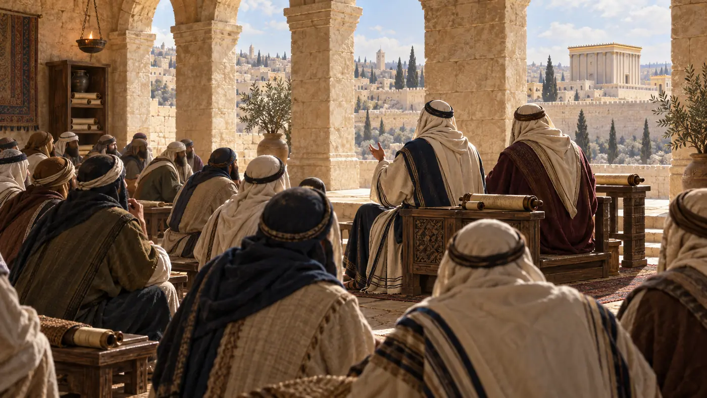 המחשה אמנותית של יוסי בן יועזר ויוסי בן יוחנן מלמדים את העם