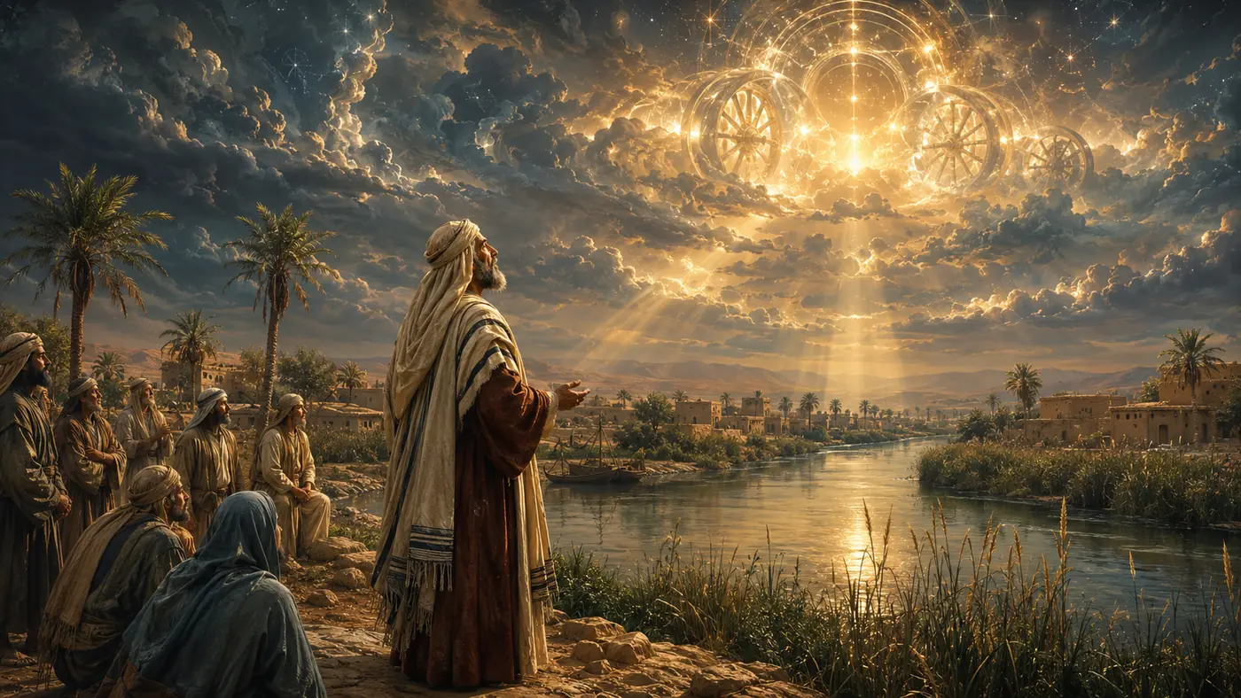 המחשה אמנותית של יחזקאל הנביא בעל כיסוי ראש עומד על נהר כבר ורואה מראה שמימי של אור וגלגלים