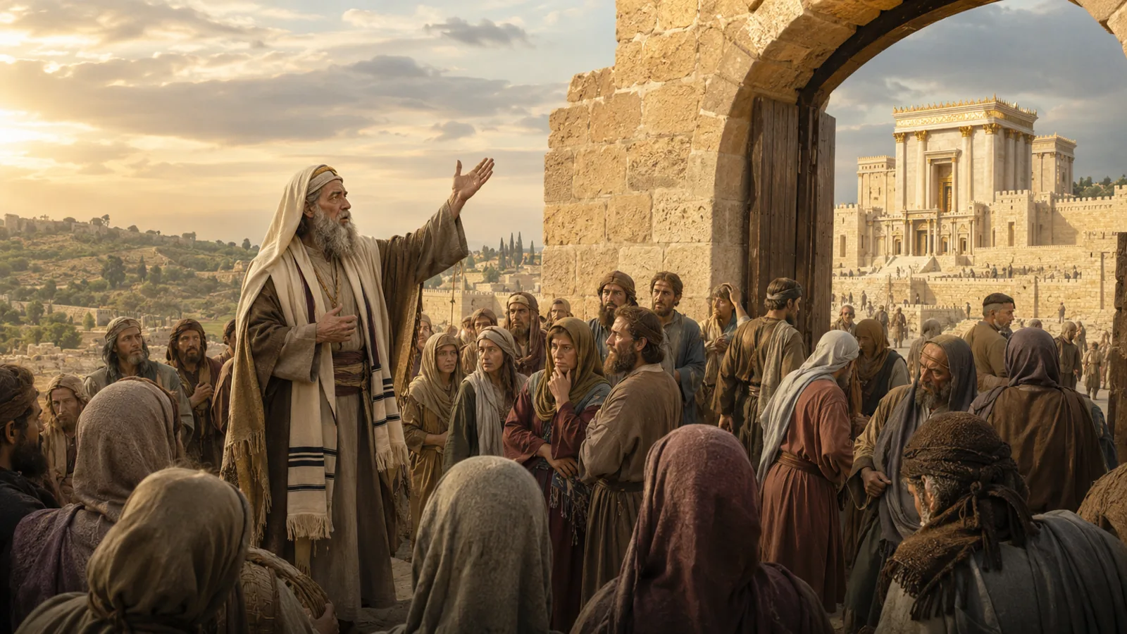 המחשה אמנותית: ירמיהו הנביא עומד בשער בית המקדש ומזהיר את העם