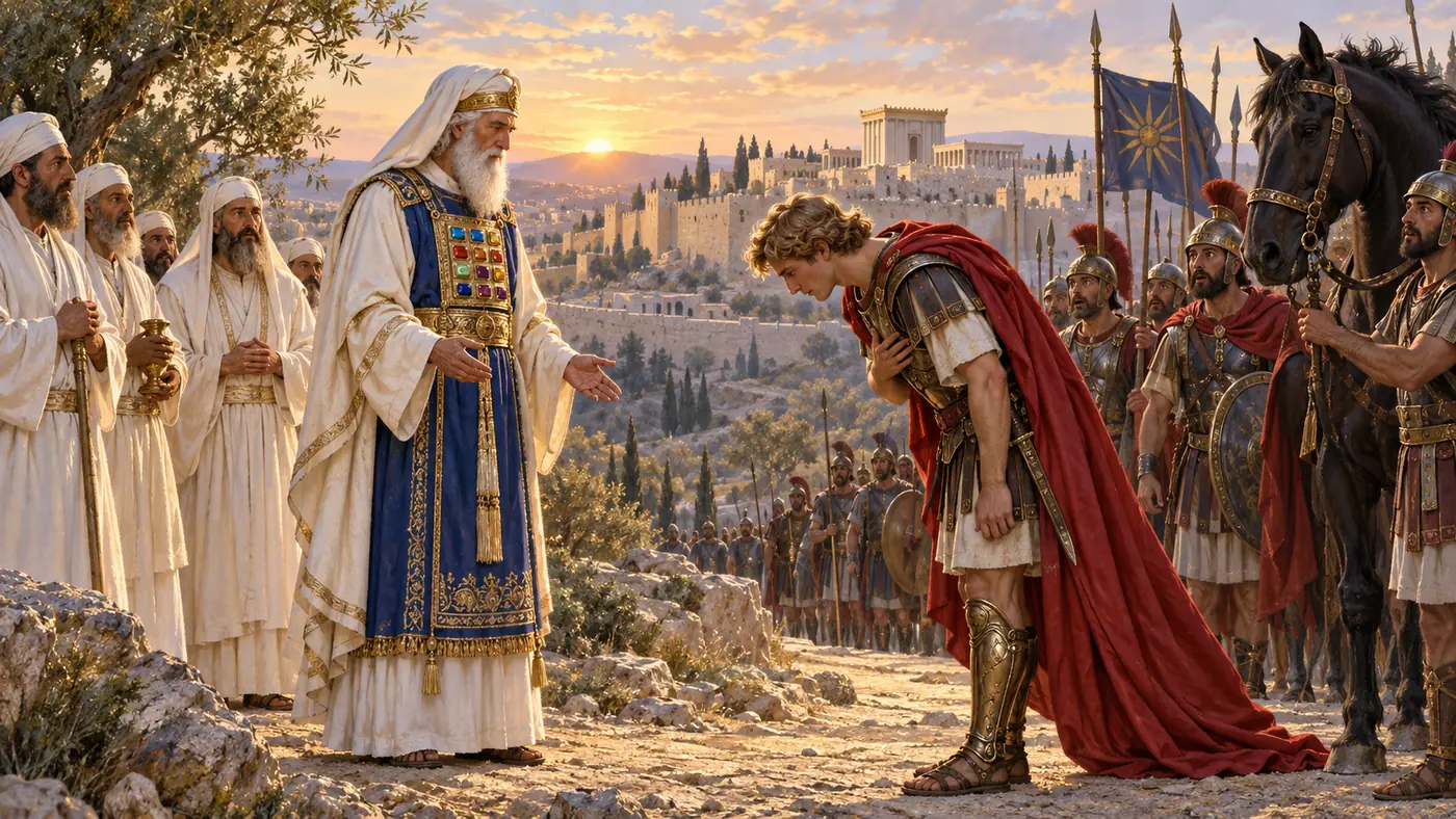 המחשה אמנותית של מפגש שמעון הצדיק ואלכסנדר מוקדון ליד ירושלים