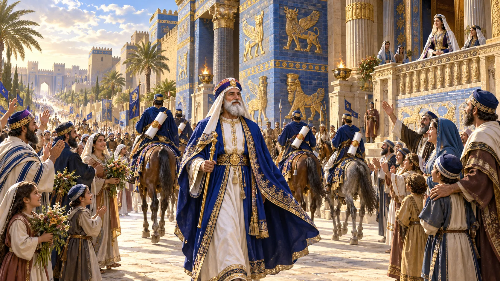 המחשה אמנותית של מרדכי היהודי בלבוש מלכות ובכיסוי ראש מלא יוצא מארמון שושן כשהעיר שמחה והרצים יוצאים עם האיגרות