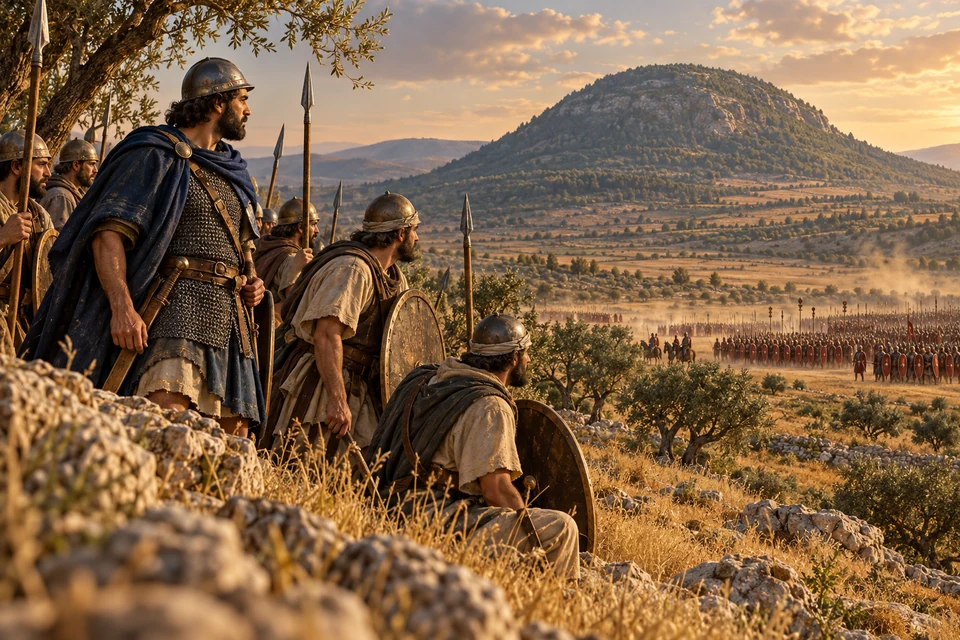 המחשה אמנותית של אלכסנדר בן אריסטובולוס ואנשיו מול צבא רומי, בנוף הר תבור