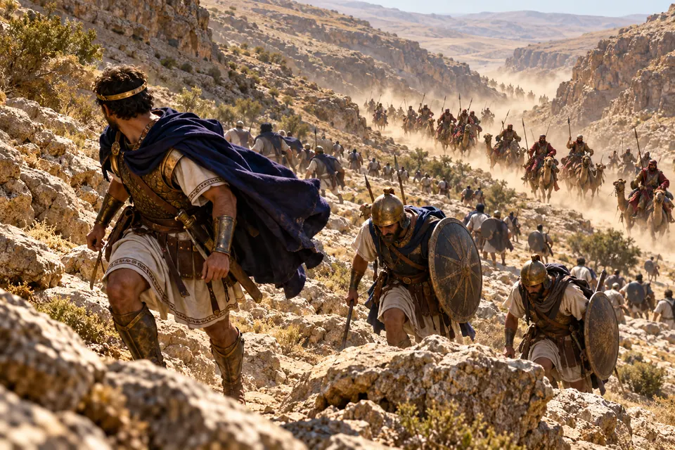 המחשה אמנותית של ינאי ואנשיו נסוגים במדרון סלעי מול כוחות נבטיים רכובים על גמלים
