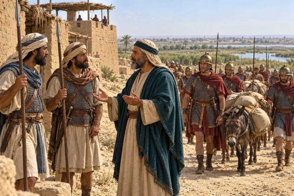 המחשה אמנותית של אנטיפטר משוחח עם שומרים יהודים סמוך לפלוסיון, לצד צבא רומי ושיירת אספקה