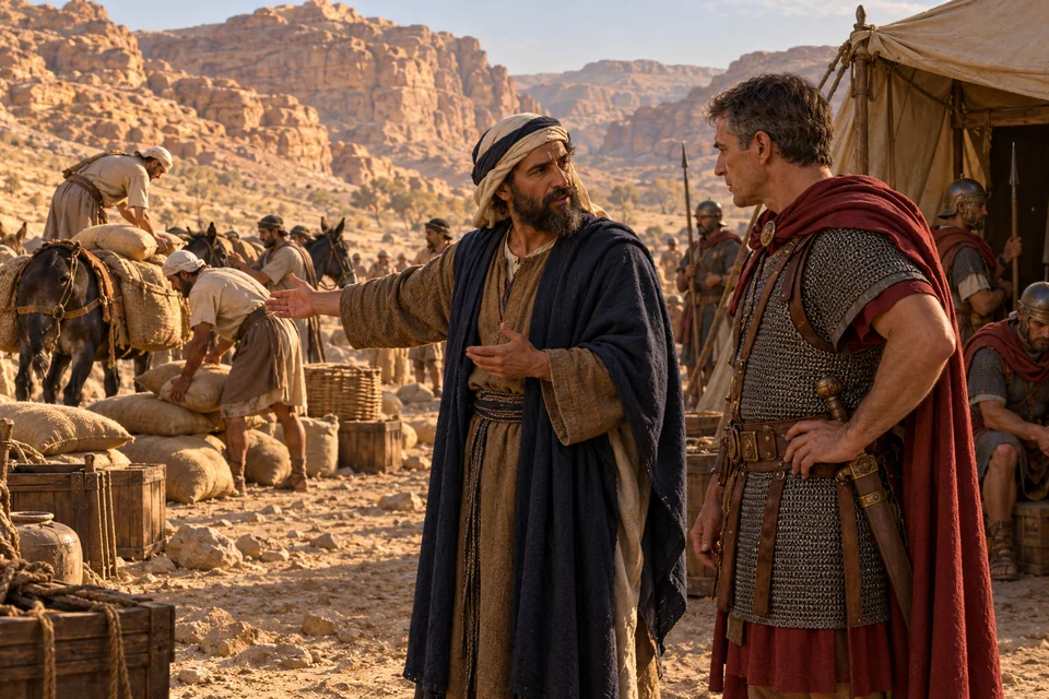 המחשה אמנותית של אנטיפטר משוחח עם סקאורוס במחנה רומי, לצד בהמות משא ושקי תבואה