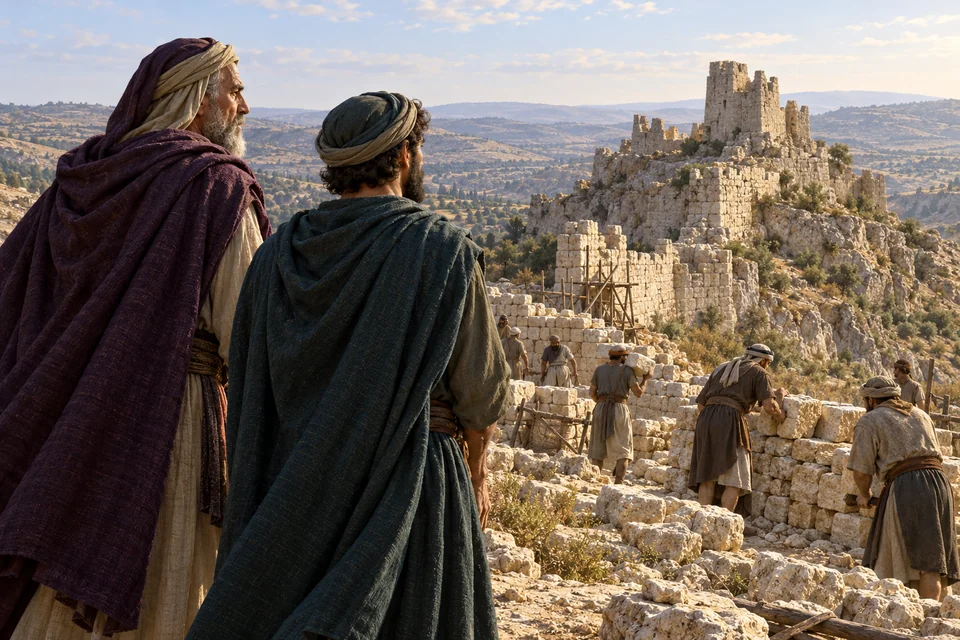 המחשה אמנותית של אריסטובולוס ואנטיגונוס צופים בשיקום חומה ליד מבצר חרב