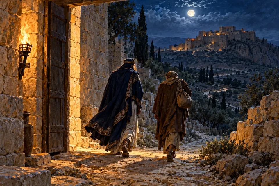 המחשה אמנותית של אריסטובולוס השני ומשרת אחד יוצאים בלילה לעבר מבצר