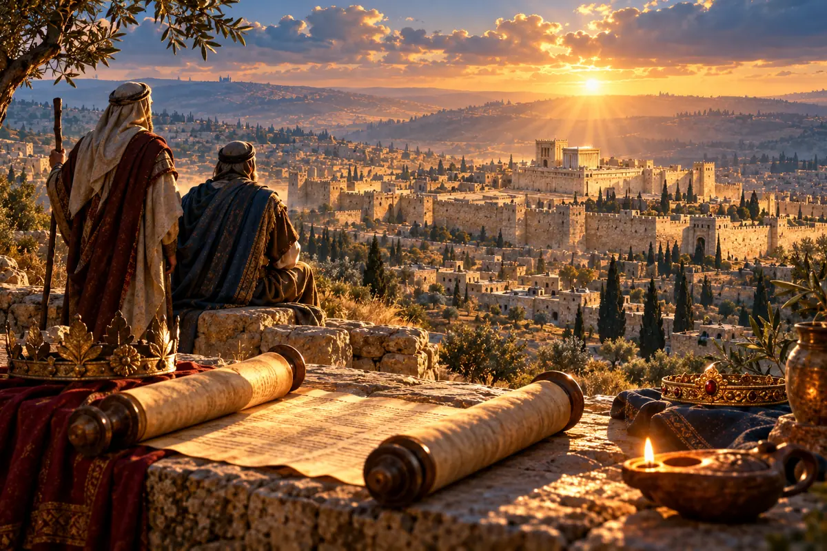 ציור סמלי של מגילה וכתרים מול ירושלים ובית המקדש השני באור זריחה, לציון סיום תקופת החשמונאים וראשית מלכות הורדוס
