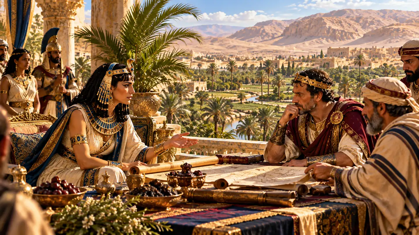 המחשה אמנותית של קלאופטרה והורדוס בדיון על אדמות יריחו, כשברקע נווה המדבר ומטעי התמרים