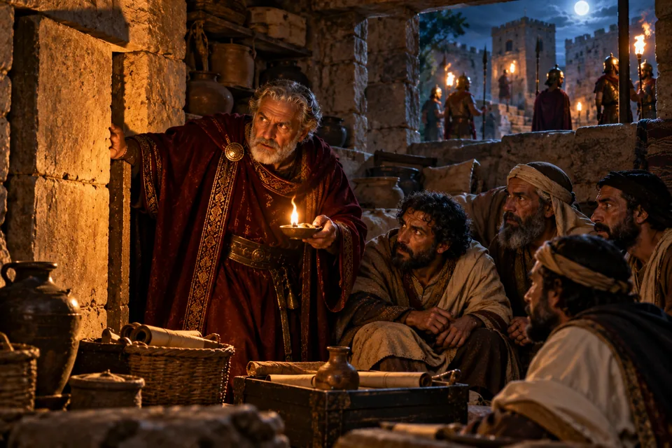 המחשה אמנותית של קוסטוברוס ומסתור בני בבא בחדר אבן לאור מנורה, כשחיילים מחפשים בחוץ