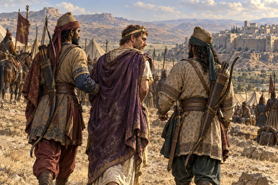 המחשה אמנותית של דמטריוס השלישי בשבי לאחר המערכה ליד ברויאה