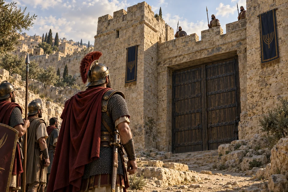 המחשה אמנותית של גביניוס ואנשיו מול שערי ירושלים הסגורים, כששומרים ניצבים על החומה