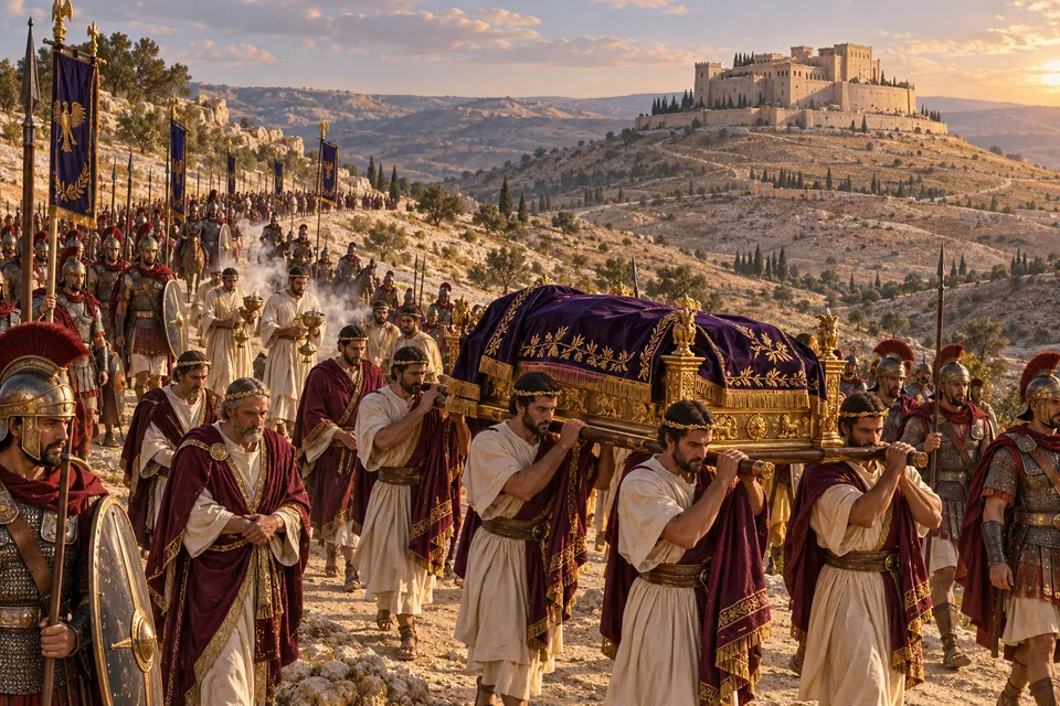 המחשה אמנותית של מסע הלוויית הורדוס אל הרודיון, מיטה מלכותית מכוסה ארגמן ומלווים בשלהי תקופת הבית השני