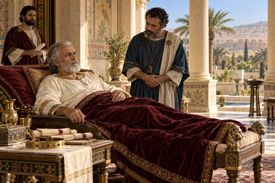 המחשה אמנותית של הורדוס החולה בארמונו ביריחו, לצד רופא ואיש חצר, בשנותיו האחרונות בתקופת הבית השני