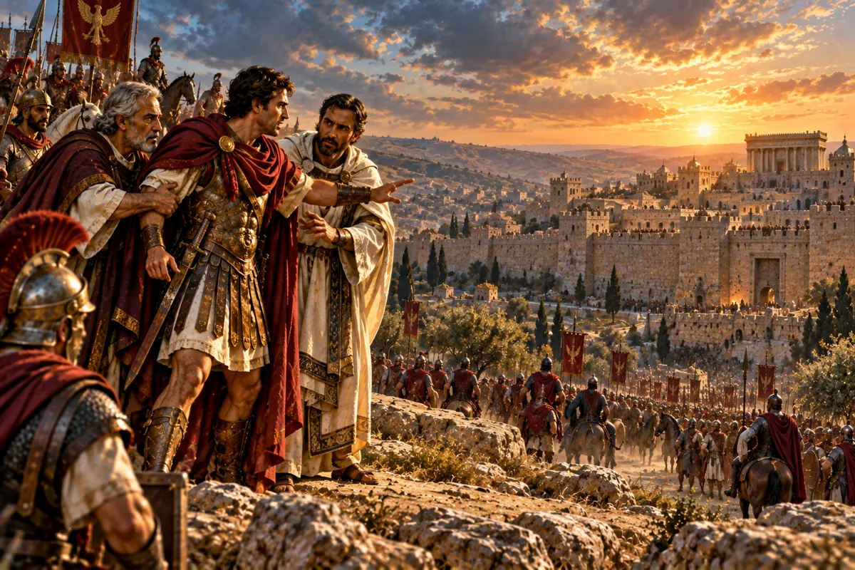 המחשה אמנותית: אנטיפטרוס ופצאל מנסים לעצור את הורדוס לפני עלייתו על ירושלים