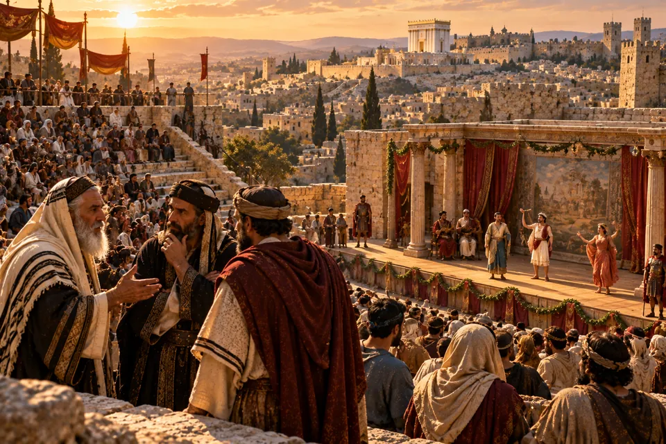 המחשה אמנותית של התיאטרון והמשחקים בירושלים בתקופת הורדוס, כשנכבדי העיר דנים במופעים