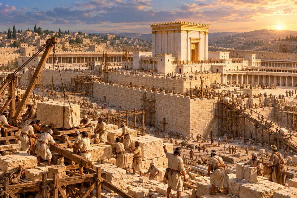 המחשה אמנותית: עבודות ההרחבה של בית המקדש השני בירושלים בימי הורדוס, עם פועלים, אבני גזית ועגורני עץ